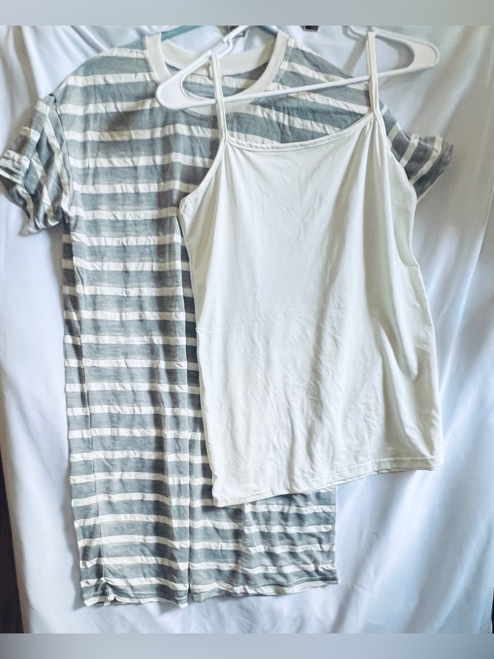 Gray White Striped Crewneck T-Shirt & White Spaghetti Strap Camisole 2-Piece Set